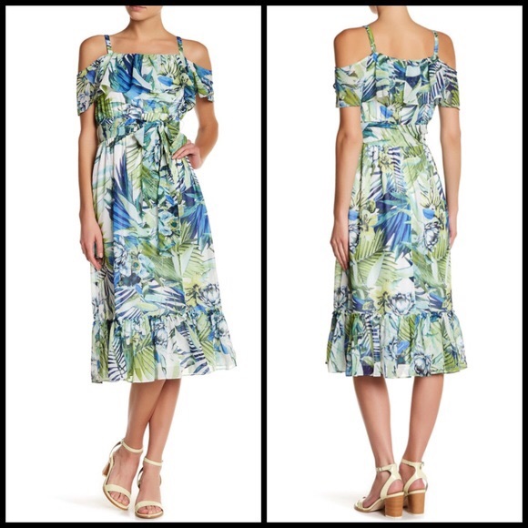 NWT Eliza J Cold Shoulder Tropical Print Dress - Picture 1 of 7
